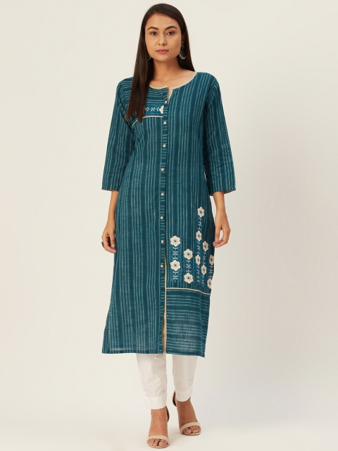 

DIVA WALK Women Teal Blue & Off-White Striped Straight Kurta