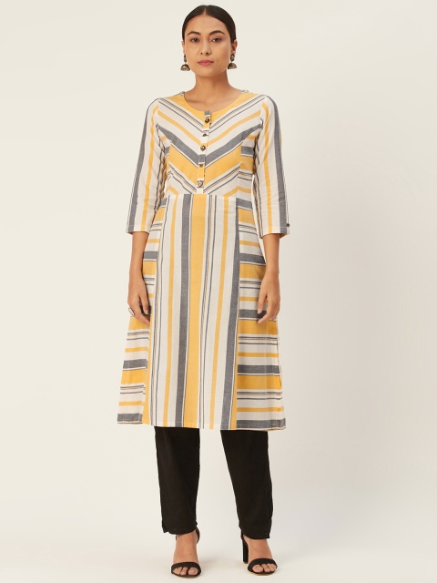 

DIVA WALK Women Yellow & Off-White Striped A-Line Kurta