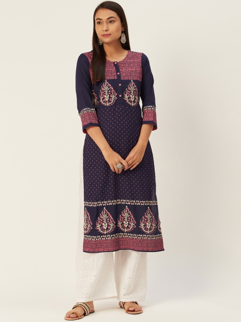 

DIVA WALK Women Navy Blue & Pink Printed Straight Kurta