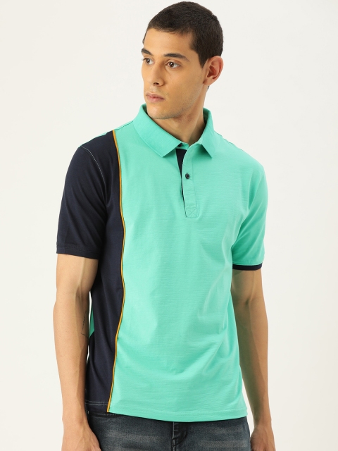 

Campus Sutra Men Sea Green & Navy Blue Colourblocked Round Neck T-shirt