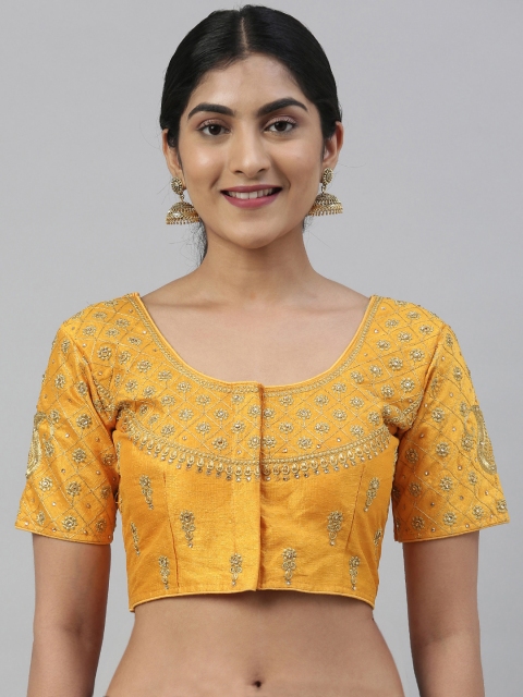 

Mimosa Women Yellow & Gold-Coloured Embroidered Readymade Art Silk Saree Blouse