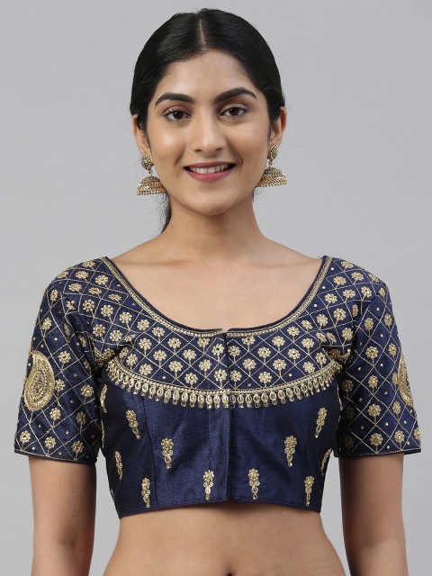 

Mimosa Women Navy Blue & Gold-Coloured Embroidered Readymade Art Silk Saree Blouse