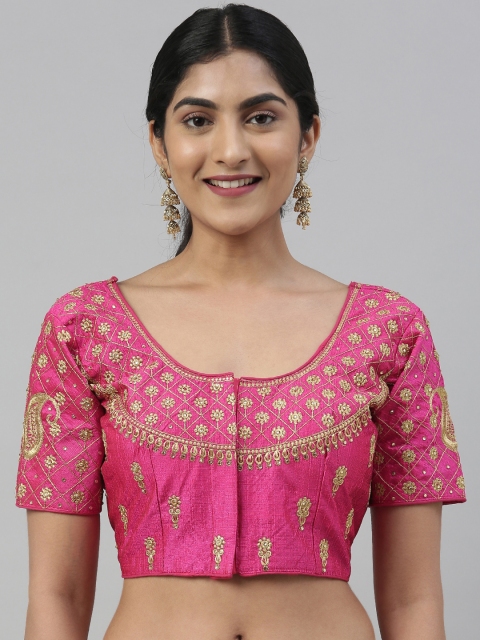 

Mimosa Women Pink & Gold-Coloured Embroidered Readymade Art Silk Saree Blouse