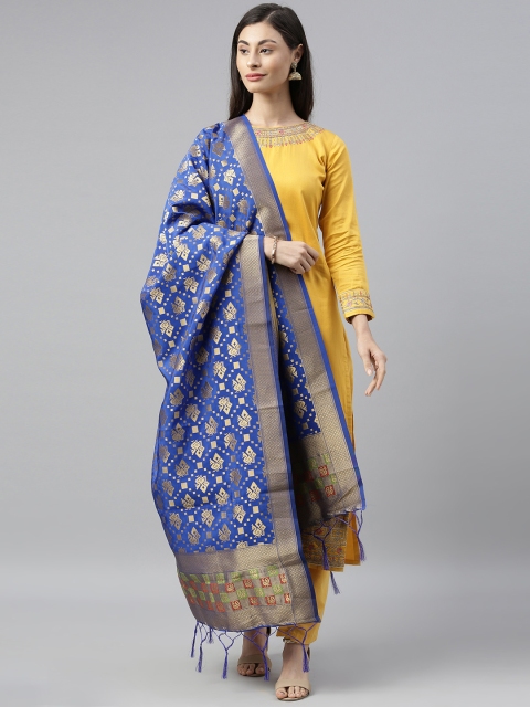 

MIMOSA Blue & Gold-Toned Woven Design Art Silk Dupatta