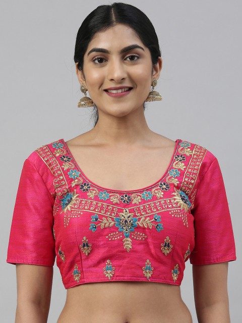 Mimosa Women Pink & Gold-Coloured Embroidered Readymade Art Silk Saree Blouse