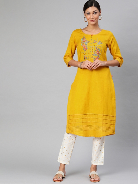 

Alena Women Mustard Yellow Embroidered Straight Kurta with Tucked Detail