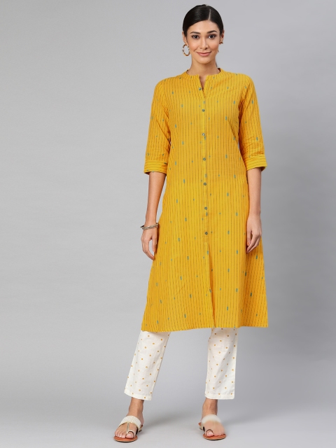 

Alena Women Mustard-Yellow Woven Design Straight Kurta