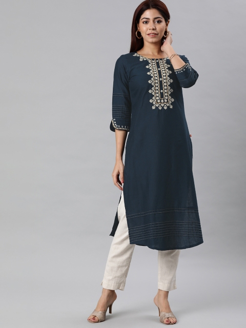 

Alena Women Navy Blue Embroidered Pleated Straight Kurta