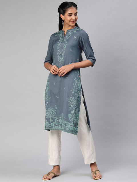

Alena Women Blue & Green Printed Straight Kurta