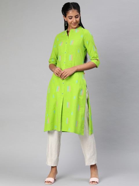 

Alena Women Green Woven Design Straight Kurta