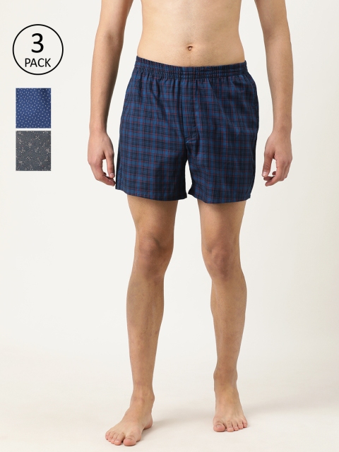 

The Indian Garage Co Men Pack of 3 Printed Pure Cotton Boxers, Navy blue