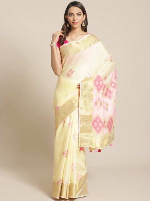 

Mitera Yellow & Pink Pure Cotton Woven Design Saree
