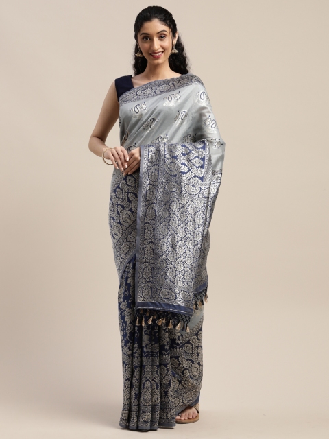 

Mitera Grey & Silver-Toned Silk Blend Woven Design Saree
