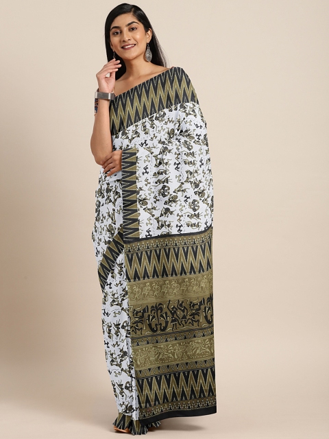 

KALINI White & Black Polycotton Printed Mangalagiri Saree