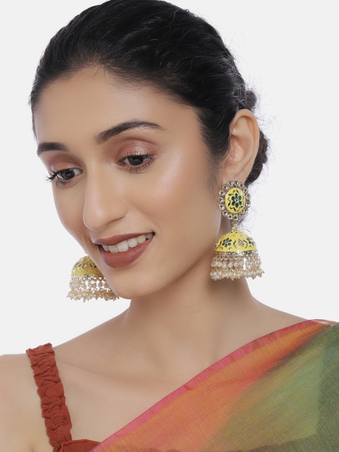 

LAIDA Yellow & Gold-Plated Kundan Studded Dome Shaped Jhumkas