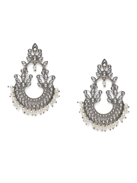 

LAIDA Oxidized Rhodium-Plated Handcrafted Kundan & Pearl Crescent Shaped Drop Earrings, Silver