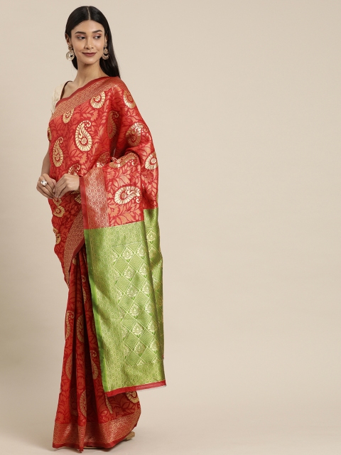 

Pavechas Orange & Gold-Toned Poly Silk Woven Design Kanjeevaram Saree