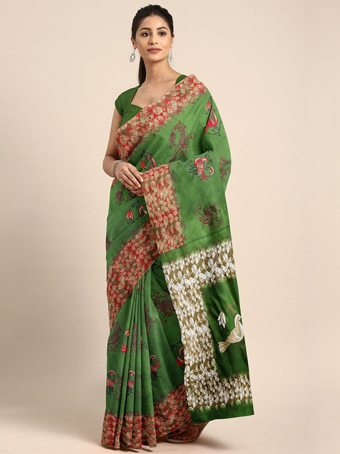 

Pavechas Green & Pink Polycotton Printed Mangalagiri Saree