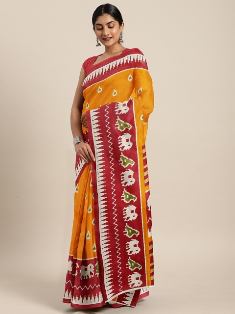 

Pavechas Mustard Yellow & Off-White Polycotton Printed Mangalagiri Saree