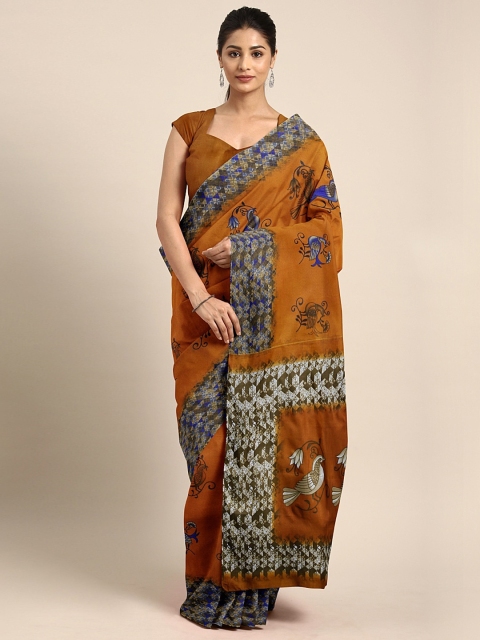 

Pavechas Brown & Navy Blue Polycotton Printed Mangalagiri Saree
