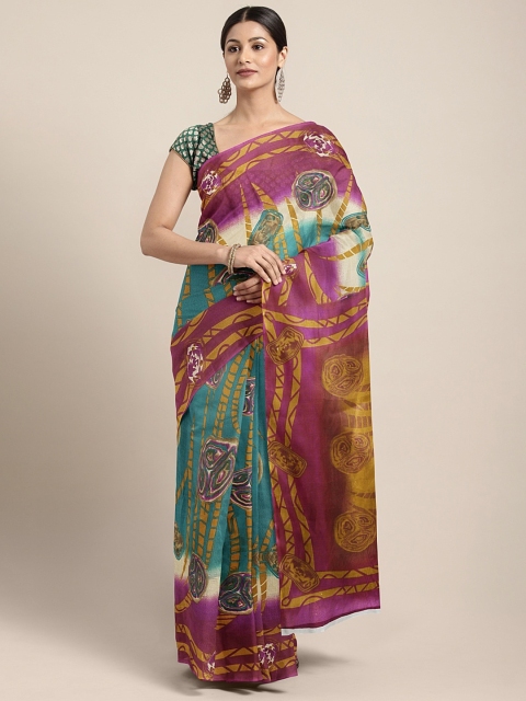 

Pavechas Teal Green & Mustard Yellow Polycotton Abstract Printed Mangalagiri Saree
