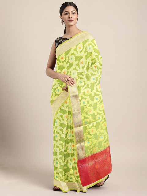 

Pavechas Green & Gold-Toned Jute Cotton Woven Design Kota Saree