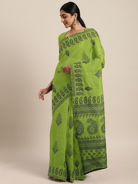 

Pavechas Green & Grey Polycotton Printed Mangalagiri Saree