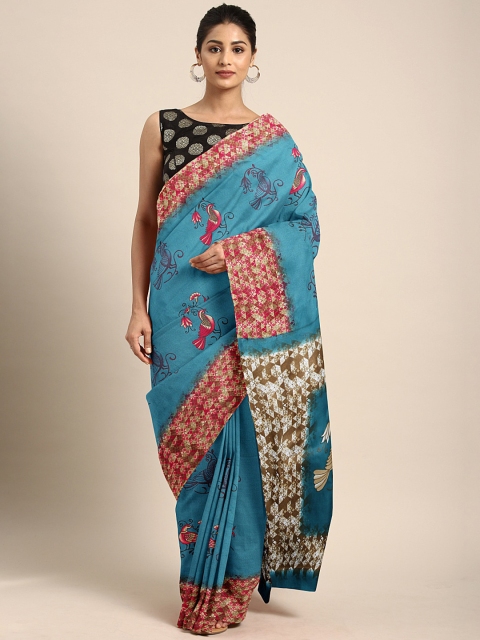 

Pavechas Teal Blue & Pink Polycotton Printed Mangalagiri Saree