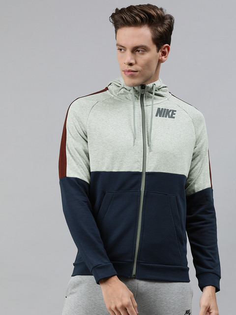 

Nike Men Grey & Navy Blue Colourblocked AS M DRI-FIT FZ MC Hooded Training Sweatshirt
