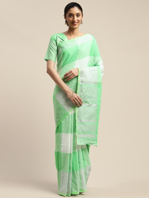 

SHAVYA Green & White Cotton Blend Checked Saree