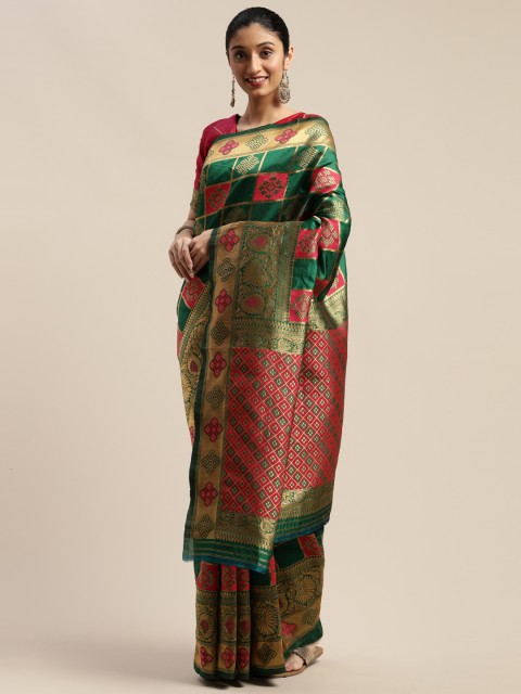 

SHAVYA Green & Red Pure Silk Checked Patola Saree