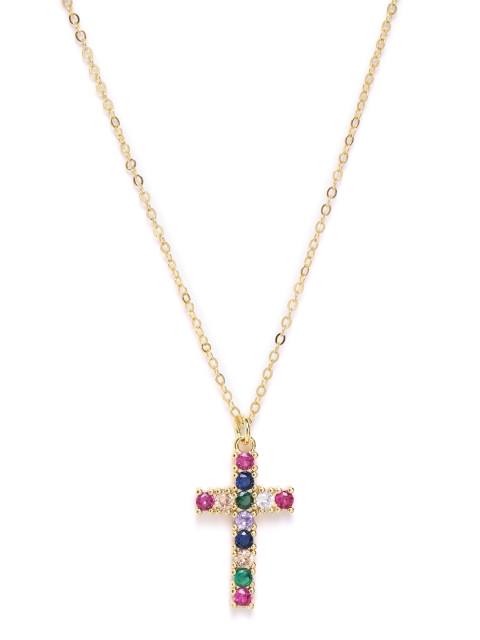 

DIVA WALK EXCLUSIVE Multicoloured Gold-Plated Stone-Studded Cross Necklace, Multi