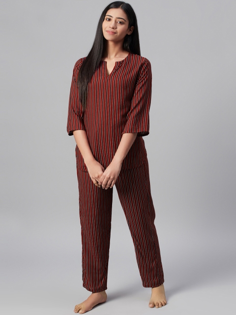 

RUNWAYIN Women Maroon & Black Striped Night suit