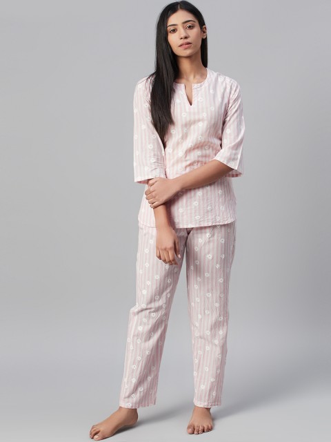 

RUNWAYIN Women Pink & White Striped Night Suit with Floral Prints