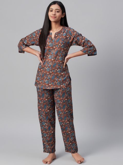 

RUNWAYIN Women Rust Red & Navy Blue Floral Printed Night suit