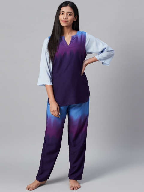 

RUNWAYIN Women Purple & Blue Ombre Printed Night suit