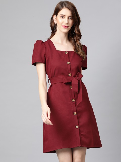 

RUNWAYIN Women Maroon Solid A-Line Dress