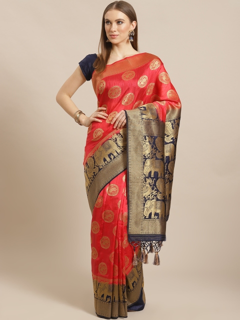 

Mitera Coral Red & Golden Poly Silk Woven Design Saree