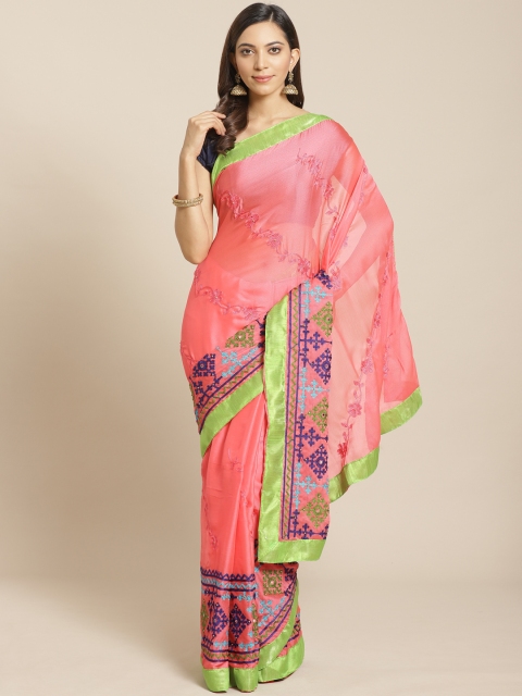 

KALINI Pink & Blue Ethnic Motifs Embroidered & Beaded Saree