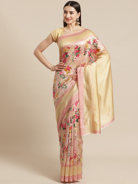 

KALINI Peach-Coloured & Pink Floral Printed Saree