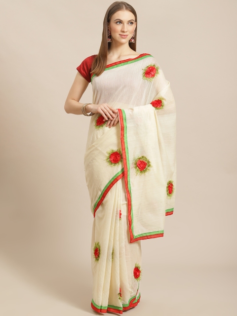 

KALINI Beige & Red Applique Floral Saree