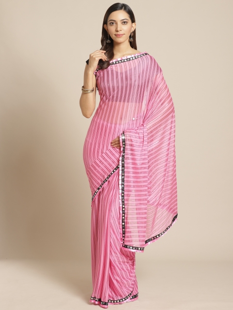 

KALINI Pink & Black Viscose Rayon Striped Saree