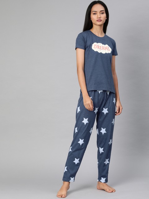 

QUARANTINE Women Navy Blue & White Printed Night suit