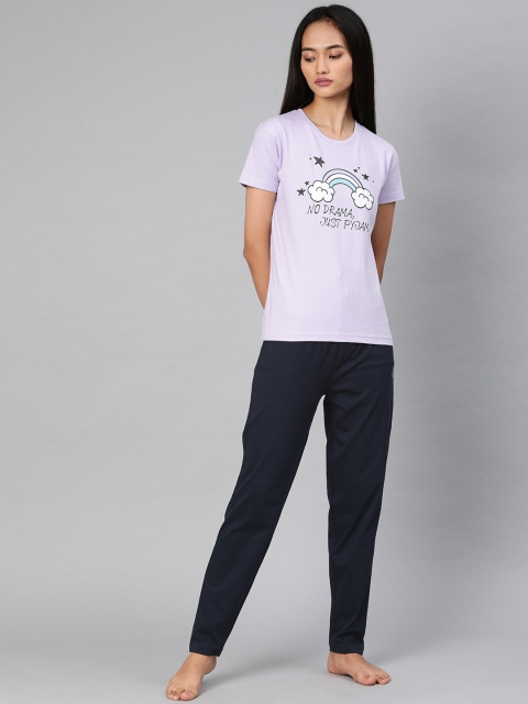 

QUARANTINE Women Lavender & Navy Blue Printed Night suit