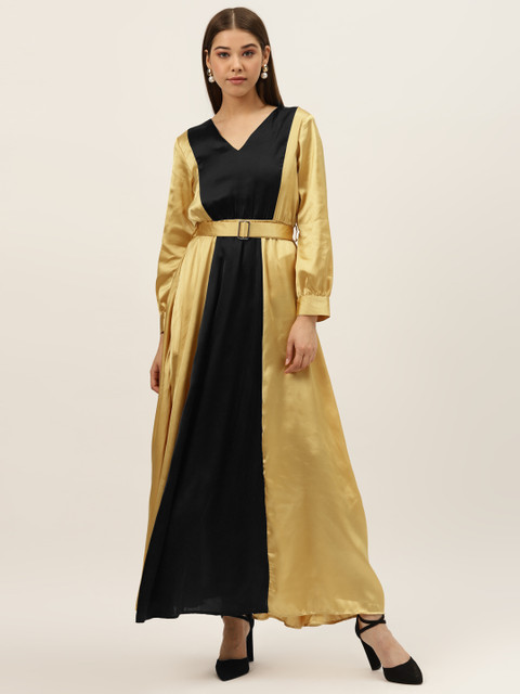 

DODO & MOA Women Black & Golden Satin Finish Colourblocked Maxi Dress