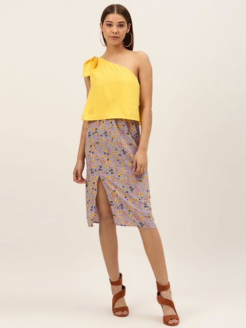 

DODO & MOA Women Yellow & Purple One-Shoulder Layered Printed Sheath Dress
