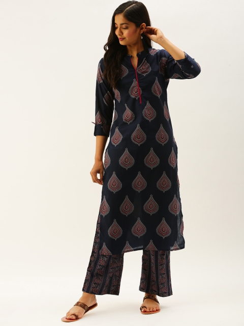 

Rajnandini Women Navy Blue & Maroon Block Printed Kurta with Palazzos