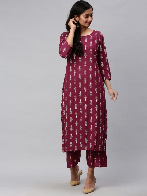 

GoSriKi Women Maroon & White Printed Kurta with Trousers