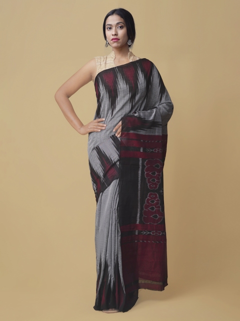 

Unnati Silks Grey & Maroon Handloom Pure Cotton Printed Sambalpuri Saree