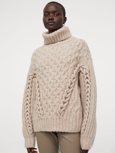 

H&M Women Beige Cable-Knit Polo-Neck Jumper